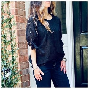 Black textured pearl detail sleeves tunic top | medium